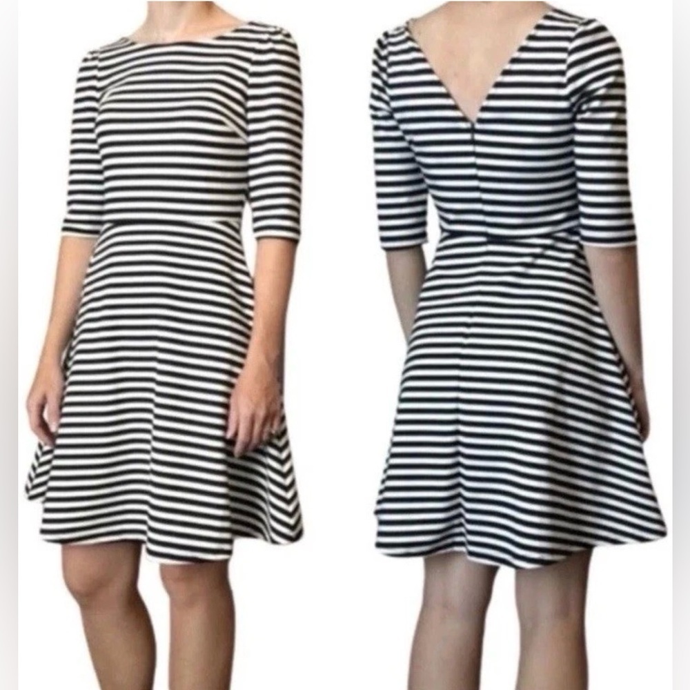 Pixley blk & crm strp ponte knt fit n flr 3/4 slv drss SZ L preppy nautical